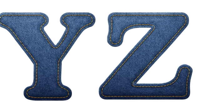 Y-Z Realistic sewn denim fabric letters Y Z isolated on white background textured alphabet stitching effect