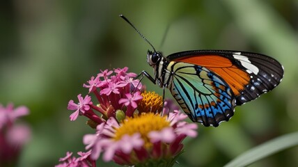 Obraz premium A colorful butterfly with black, blue, green, white, and orange wings is perched on a pink and yellow flower.