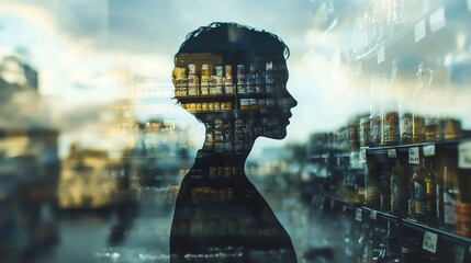 Inflation rise, grocery prices high, cost of living close up, focus on, copy space  Soft focus with a somber atmosphere  Double exposure silhouette with price tags