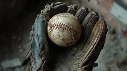 A Worn Baseball Glove Holding a Dusty Baseball