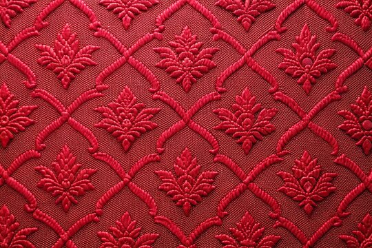 High angle view of jacquard fabric with red embossed pattern