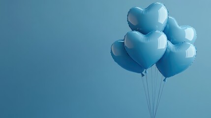 A cluster of four blue heart-shaped balloons against a soft blue background.
