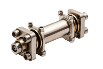 Metallic industrial valve component on white isolated background.