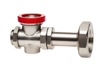 Stainless steel valve with a red handle on a white isolate background