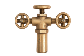 Brass valve with two wheels isolated on a white background.