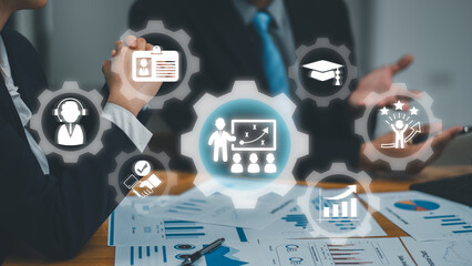 Visual representation of a trainee concept with gears and icons symbolizing education, strategy,...