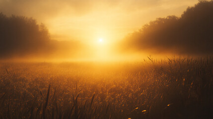 Obraz premium A magical moment as the sun rises, illuminating a foggy field with golden light.