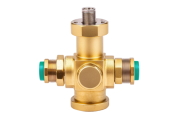 Brass valve with green fittings on a white isolated background.