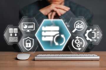 Visual representation of data processing with digital icons and technology elements, ideal for illustrating modern business solutions.