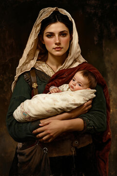 A woman in a green dress, with a white headscarf, holds a baby wrapped in a white cloth