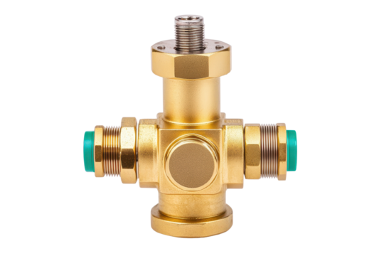 Brass valve with green fittings on a white isolated background.