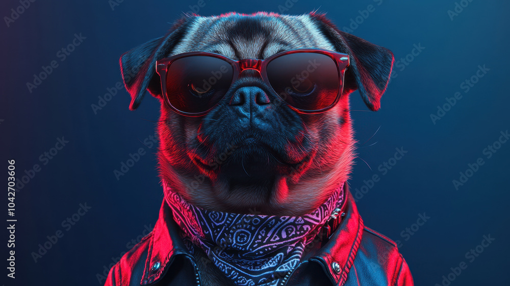 Wall mural stylish pug wearing sunglasses and bandana exudes cool and confident vibe. vibrant colors and dramat