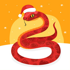 Obraz premium New Year of the Snake, Lunar New Year or Chinese New Year. Greeting card with a cute red snake wearing a Santa Claus hat on a yellow background. Animal zodiac cartoon character. Cute snake mascot.
