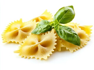 Farfalle pasta with basil garnish on white background.