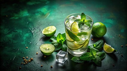 High angle view of lime wedges and ice cubes in a glass of mojito on dark green gradient background
