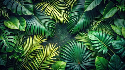 High angle view of lush green leaves in a tropical forest