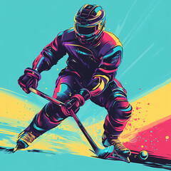 A hockey player displaying futuristic technology in a dynamic action, blending sports and advanced cybernetic elements pop art sticker vector.
