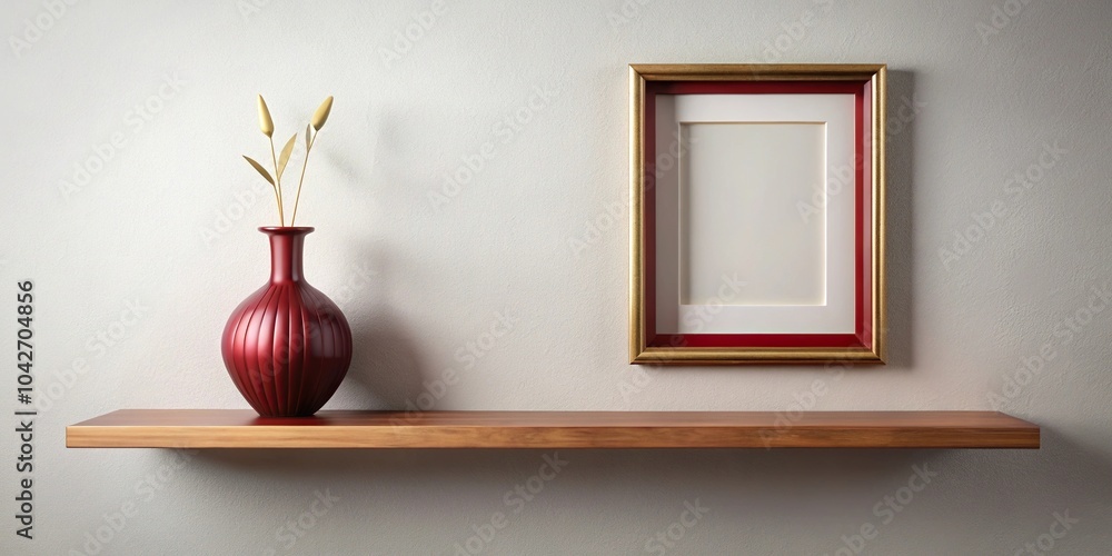 Poster high angle view of mahogany floating shelf with gold frames and red vase