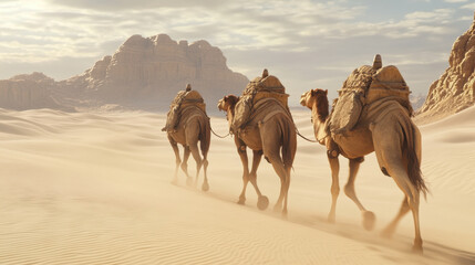 Traveling across vast desert, line of three camels carries their loads under warm sun. serene landscape features soft sand dunes and distant mountains, evoking sense of adventure