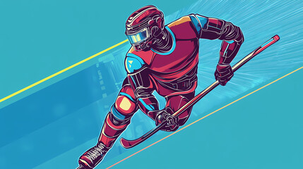 Obraz premium A hockey player displaying futuristic technology in a dynamic action, blending sports and advanced cybernetic elements pop art sticker vector.