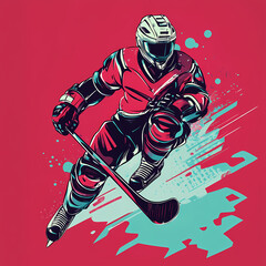 A hockey player displaying futuristic technology in a dynamic action, blending sports and advanced cybernetic elements pop art sticker vector.