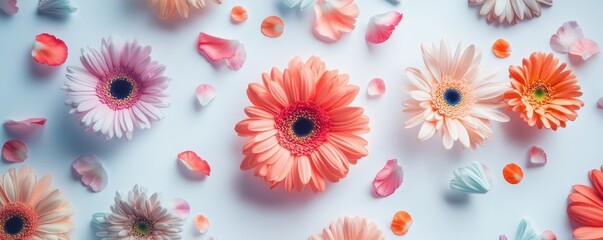 Fototapeta premium Colorful gerberas and other beautiful flowers flying in air on color background,Collection pink gerberas,Gerber Gerbera Daisy daisies flower floral,Mockup template artwork graphic design.