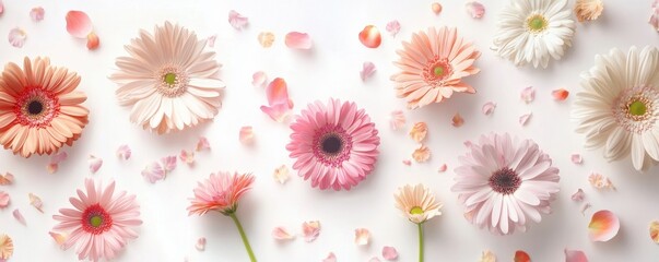 Colorful gerberas and other beautiful flowers flying in air on color background,Collection pink gerberas,Gerber Gerbera Daisy daisies flower floral,Mockup template artwork graphic design.