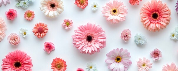 Fototapeta premium Colorful gerberas and other beautiful flowers flying in air on color background,Collection pink gerberas,Gerber Gerbera Daisy daisies flower floral,Mockup template artwork graphic design.