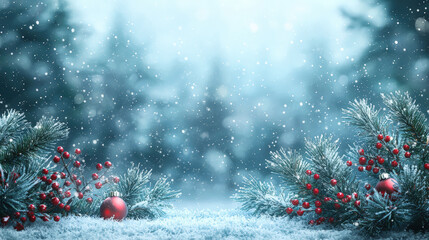 Festive Winter Scene with Snowfall, Christmas Ornaments, and Pine Branches Ideal for Holiday Themed Design and Greetings Cards