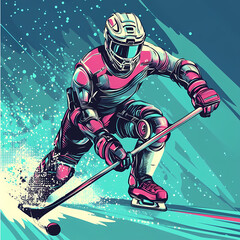 A hockey player displaying futuristic technology in a dynamic action, blending sports and advanced cybernetic elements pop art sticker vector.