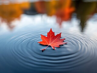 A vibrant red maple leaf gracefully floats on calm water, creating gentle ripples, capturing the beauty of autumn in nature.