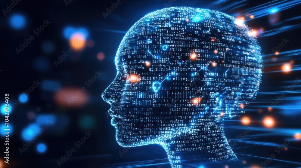 Poster digital representation of ai face in data cloud
