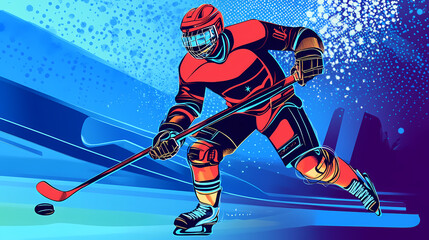 A hockey player displaying futuristic technology in a dynamic action, blending sports and advanced cybernetic elements pop art sticker vector.