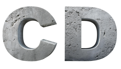 C-D Alphabet made of concrete masonry cement letters C D isolated on white background industrial typography