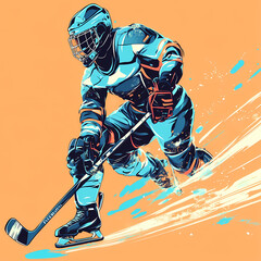 A hockey player displaying futuristic technology in a dynamic action, blending sports and advanced cybernetic elements pop art sticker vector.