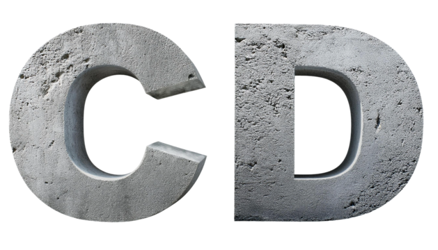 C-D Alphabet made of concrete masonry cement letters C D isolated on white background industrial typography