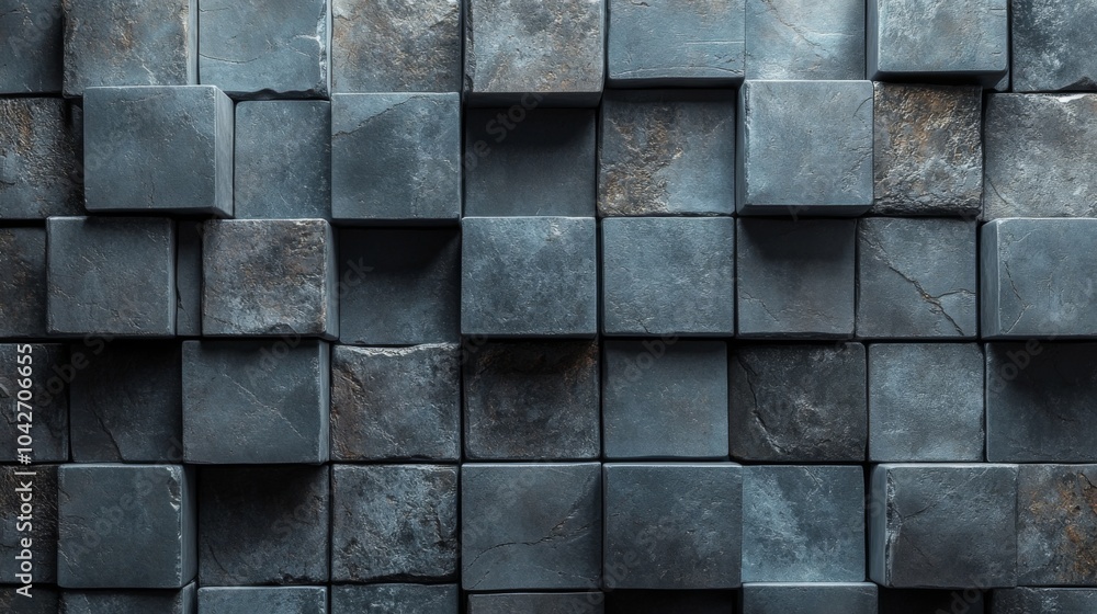 Poster A variety of dark stone cubes are arranged in a grid pattern, showcasing different textures and shades, adding depth and visual interest to the wall.