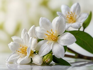 Fototapeta premium close up photo of beautiful jasmine flowers with white wall background