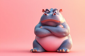 A cartoonish hippo with a grumpy expression sits with crossed arms against a soft pink background, exuding a humorous yet annoyed vibe.