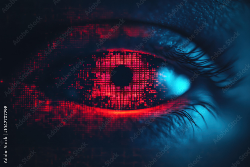 Poster a close-up of an eye with a digital, red graphic overlay, creating a futuristic and surreal effect, 