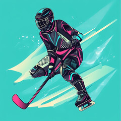 A hockey player displaying futuristic technology in a dynamic action, blending sports and advanced cybernetic elements pop art sticker vector.