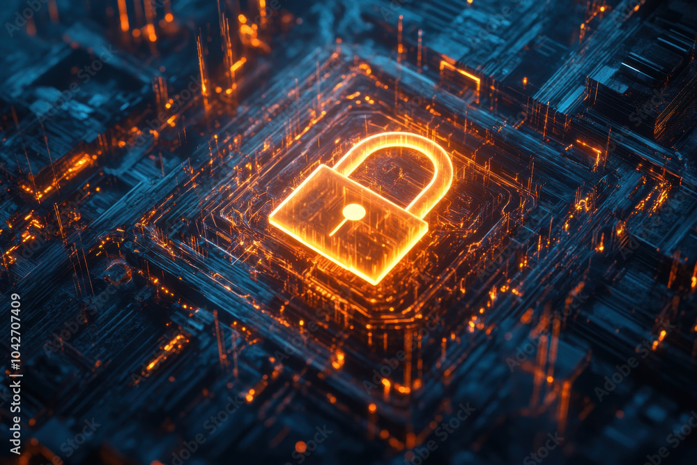 Poster a glowing digital lock symbol over a network of circuitry, representing security and data protection