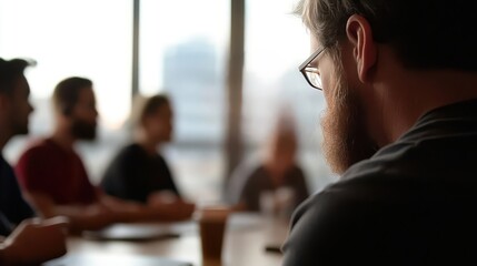 A wide-angle view of a sprint demo session, with team members discussing a prototype, and open space in the room for copy