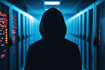 A mysterious figure in a hoodie stands in a dimly lit server room, surrounded by glowing data panels, evoking a sense of secrecy and technology.