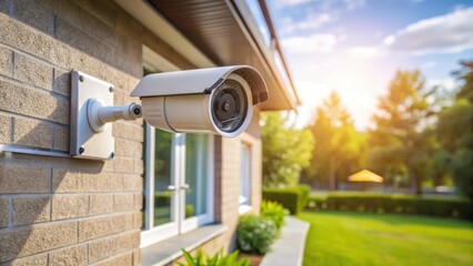 Modern outdoor security camera mounted on a wall outside a home, security, technology, smart home, surveillance