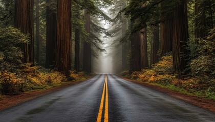 Obraz premium A serene road winding through a majestic forest of tall redwood trees, shrouded in mist, inviting adventure and tranquility.