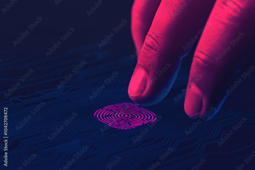 Poster a close-up of a finger touching a glowing fingerprint scanner, emphasizing biometric technology and 