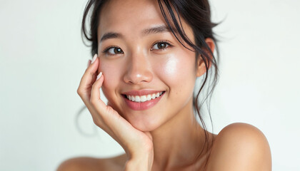 Naklejka premium Luminous, Youthful, Flawless Complexion - Natural Skincare Radiance in a Captivating Portrait for skincare advertising model