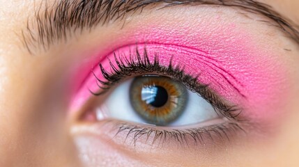 The close-up view highlights a woman's eye adorned with bold pink eyeshadow and beautifully defined lashes