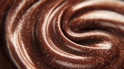 A close-up view reveals rich and smooth chocolate ganache swirls, showcasing the texture ideal for decadent desserts